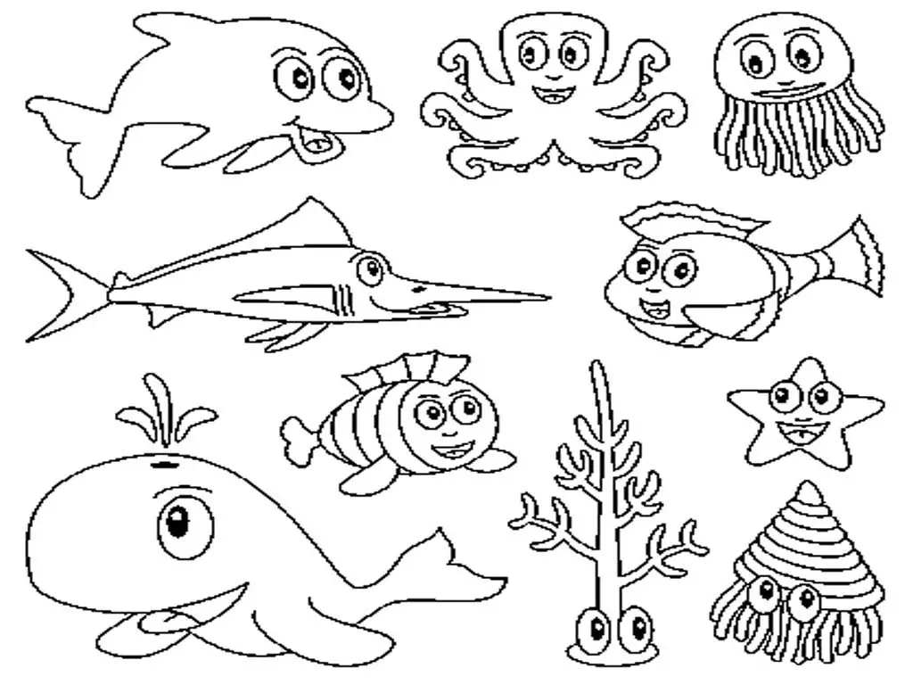 Animales marinos para colorear, pintar e imprimir