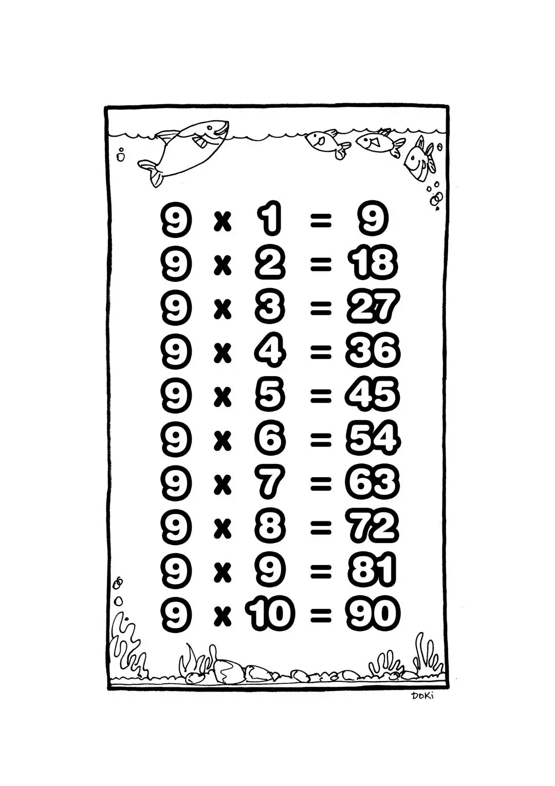 tablas de multiplicar del 9 para colorear